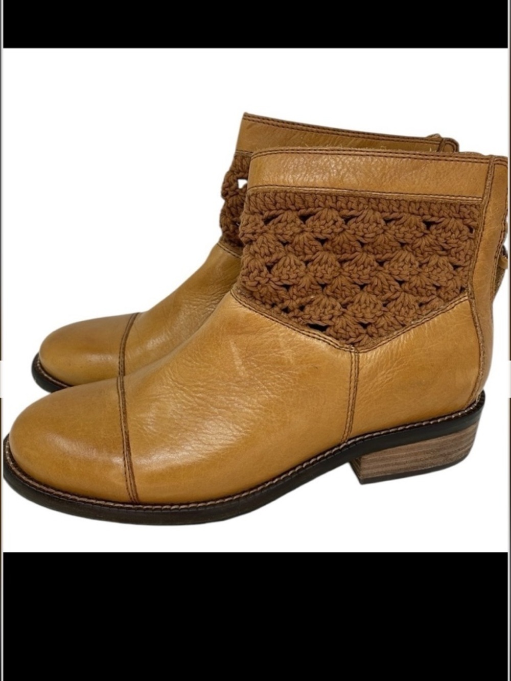 Anthropologie Latigo Tan Leather women’s ankle boots crotchet top size 6